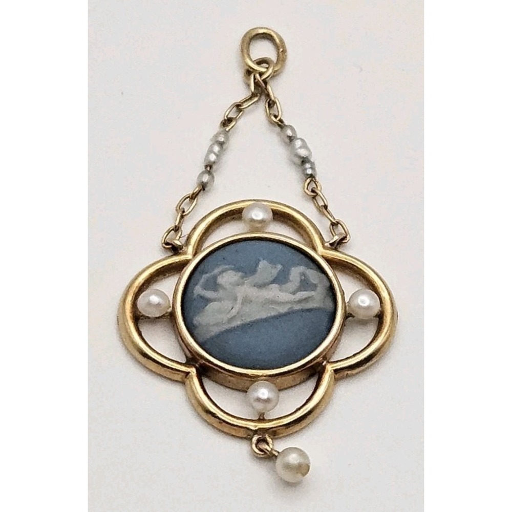 Victorian Wedgwood 14k Gold Jasperware Cherub Cameo Pendant with Seed Pearls